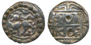 Govinda Manikya (SEc 1582, 1589-1598, c. 1660, 1667-1676 AD), Silver 1/8 Tanka, 1.26g, lio
