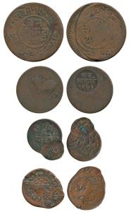 Indore, Copper ¼ Anna, Error, 35% off-center; Kutch, Pragmalji, 3 Dokda, Error, double str