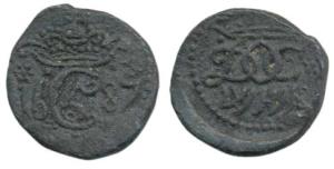 Christian V (1670-1699 AD), Cash, crowned C5 divides date 1687 with rosettes on obv.,crown