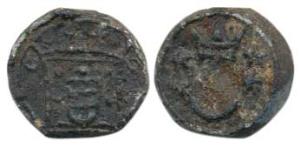 Cochin issue, Lead Bazaruco, 2.24g, crowned arms on obv., crown with two stars on either s