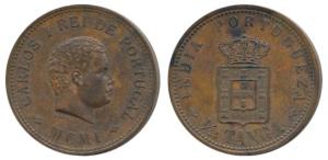 Carlos I, Copper ½ Tanga, 1901. Extremely Fine.