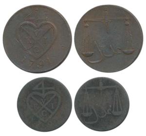 Copper Pice and 2 Pice, 1791, bale mark with date below on obv., Scales on rev. About Very