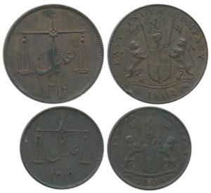Copper Pice and 2 Pice, 6.44g and 12.91g, 1804, coat of arms of the EIC and date below on 