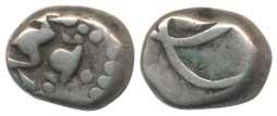 Silver Double Fanam, 1.8g, reduced weight, crude, Vishnu standing on obv., interlocked C’s