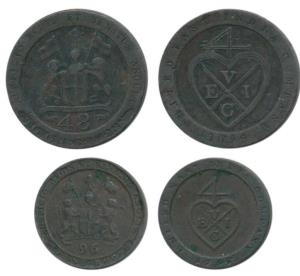Copper Dub or 1/48 Rupee, 13.3g, 1794; ½ Dub or 1/96 Rupee, 1797, coat of arms of the EIC 