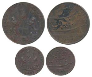 Copper 5 and 20 Cash, coat of arms of the EIC and date 1803 on obv., value in English on r