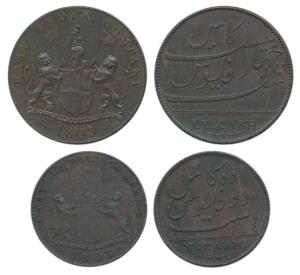 Copper 10 and 20 Cash, coat of arms of the EIC and date 1803on obv., value in English on r