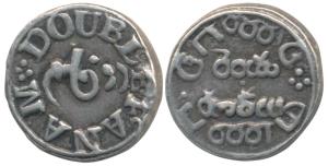 Silver Double or 2 Fanams, 1.78g, 1st issue, 1807, plain edge, buckled garter on obv., rib