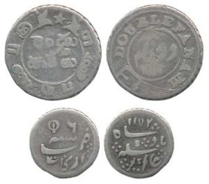 Silver Double or 2 Fanams, 1.74g, 2nd issue, 1808, oblique milling, buckled garter on obv.