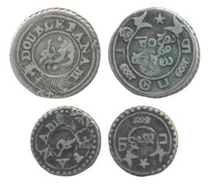Silver Fanam and Double or 2 Fanams, 2nd issue, 1808, oblique milling, buckled garter on o