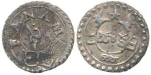 Silver Fanam, 0.9g, 2nd issue, 1808, buckled garter on obv., ribbon and star on rev., tri-