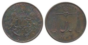 Copper ½ Anna, 12.92g, 1834, Coat of Arms on obv., Scales on rev. with date AH 1249, (Prid