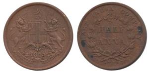 Copper ½ Anna, 1845, coat of arms of the EIC and date on obv., value within wreath on rev.