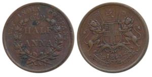 Copper ½ Anna, 12.74g, 1845, coat of arms of the EIC and date on obv., value within wreath