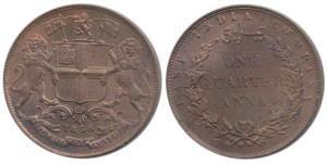 Copper ¼ Anna, 1858, wreath tips with single leaves (Pr 156). Uncirculated, Scarce.