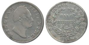 William IV, Silver ½ Rupee, 1835, No initials, 20 Berries, (KM 449.1). Fine+, Scarce.