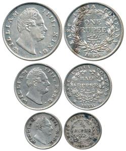 William IV, Silver Rupee, ½ and 1/4, 1835, F raised. Very Fine+, Rare as a set. (3)