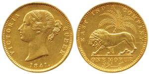 Victoria Queen, Gold Mohur, 11.60g, 1841, divided legend, WW incused on truncation (KM 462