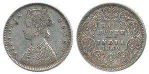 Victoria Queen, Silver ½ Rupee, 1862, A / I. Very Fine+.