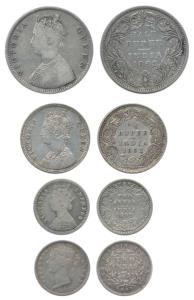 Victoria Queen, ½ Rupee 1862, ¼ Rupee 1862, 2 Annas 1841 and 2 Annas 1892. Fine+ to Very F