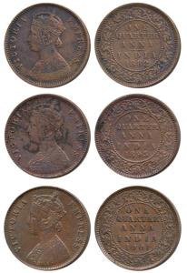 Victoria Empress, Copper ¼ Anna (3), 1882, 1895 and 1901. Very Fine+ to About Uncirculated
