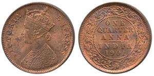 Victoria Empress, Copper ¼ Anna, 1901. About Uncirculated.