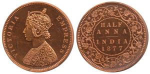 Victoria Empress, Proof Copper ½ Anna, 1877, obv. B (KM 487). Proof Restrike, in Mint Stat