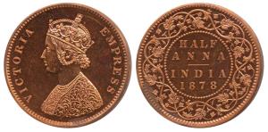 Victoria Empress, Proof Copper ½ Anna, 1878, obv. B (KM 487). Proof Restrike, in Mint Stat
