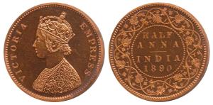 Victoria Empress, Proof Copper ½ Anna, 1890, obv. B (KM 487). Proof Restrike, in Mint Stat