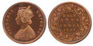 Victoria Empress, Proof Cooper ½ Anna, 1891, obv. B (KM 487). Proof Restrike, in Mint Stat