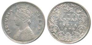 Victoria Empress, Silver 2 Annas, 1876, Calcutta Mint, A / I, No mint mark. About Uncircul