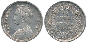 Victoria Queen, Silver ¼ Rupee, 1876, Calcutta Mint, A / I. About Extremely Fine.