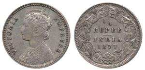 Victoria Empress, Silver ¼ Rupee, 1877, Calcutta Mint, B / I, No mint mark. Very Fine+.