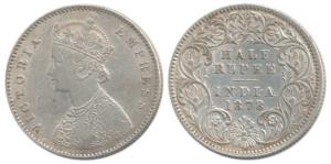 Victoria Empress, Silver ½ Rupee, 1878, Calcutta Mint, A / I / No mint mark (Prid 262). Ve