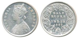 Victoria Empress, Silver ½ Rupee, 1887, Calcutta Mint, A / I / C incuse. About Extremely F