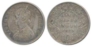 Victoria Empress, Silver ½ Rupee, 1889, Bombay Mint, A / II / B raised. About Extremely Fi