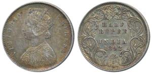 Victoria Empress, Silver ½ Rupee, 1892, Calcutta Mint, A / I / C incuse. About Extremely F