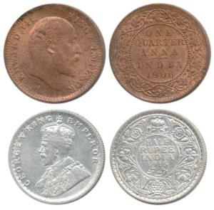 Edward, ¼ Anna, 1906; George V, Silver ½ Rupee, 1915, Calcutta Mint. Very Fine to Extremel