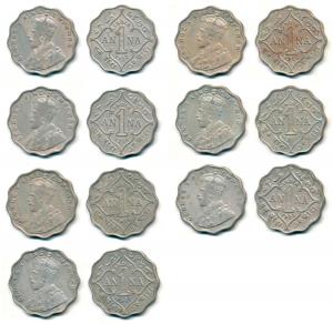 George V, Cupro-Nickel 1 Anna (7), 1912, 1914, 1916, 1917, 1918, 1919 and 1925. Very Fine+