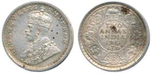 George V, Silver 2 Annas, 1911, Calcutta Mint. About Extremely Fine, Rare.