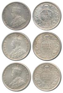 George V, Silver ¼ Rupee (3), 1913, 1929 and 1930. The first Uncirculated, the others Extr