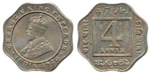 George V, Cupro-Nickel 4 Annas, 1920, Bombay Mint. Uncirculated, Rare in this grade.