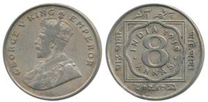George V, Cupro-Nickel 8 Annas, 1919, Calcutta Mint. Very Fine.