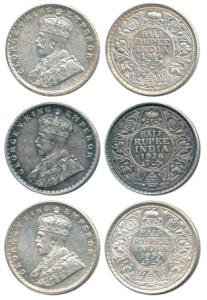 George V, Silver ½ Rupee (3), 1919, 1926 and 1933. About Uncirculated. (3)