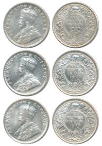 George V, Silver ½ Rupee (3), 1929, 1934 and 1936. About Uncirculated. (3)