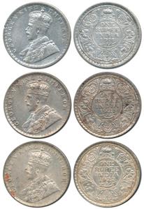 George V, Silver Rupee (3), 1911, 1921, 1922, Bombay Mint. Very Fine to About Uncirculated