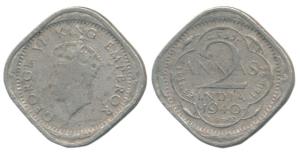 George VI, Cupro-Nickel 2 Annas, 1940, Young Head, Bombay Mint. Fine, Extremely Rare.