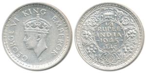 George VI, Half Silver ¼ Rupee, 1945, Bombay Mint, Large 5. About Extremely Fine.