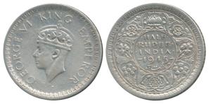 George VI, Half Silver ½ Rupee, Lahore Mint, 1945, Large 5, L mint mark below on rev. Very