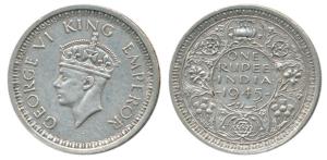 George VI, Half Silver Rupee, Lahore Mint, 1945, Large 5, L mint mark below on rev. About 
